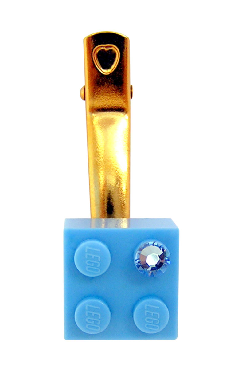 Light Blue LEGO® brick 2x2 with a Blue SWAROVSKI® crystal on a Gold plated hair clip (one piece)