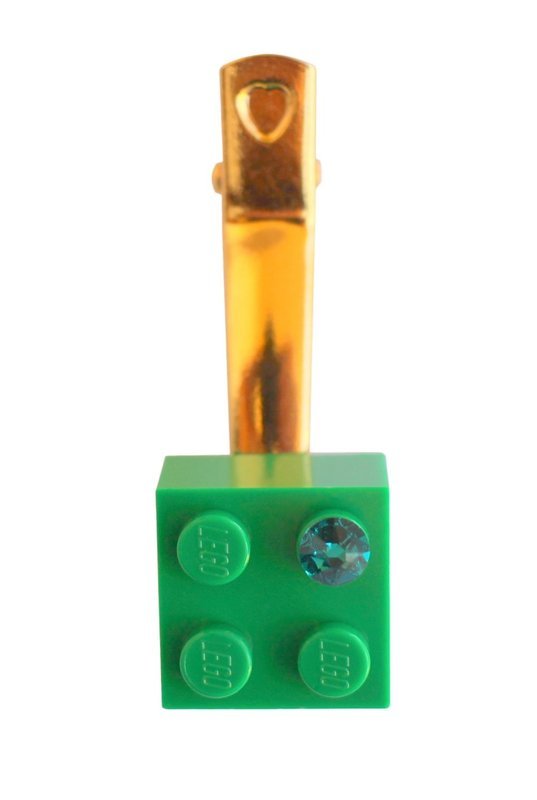 ​Dark Green LEGO® brick 2x2 with a Green SWAROVSKI® crystal on a Gold plated hair clip (one piece)