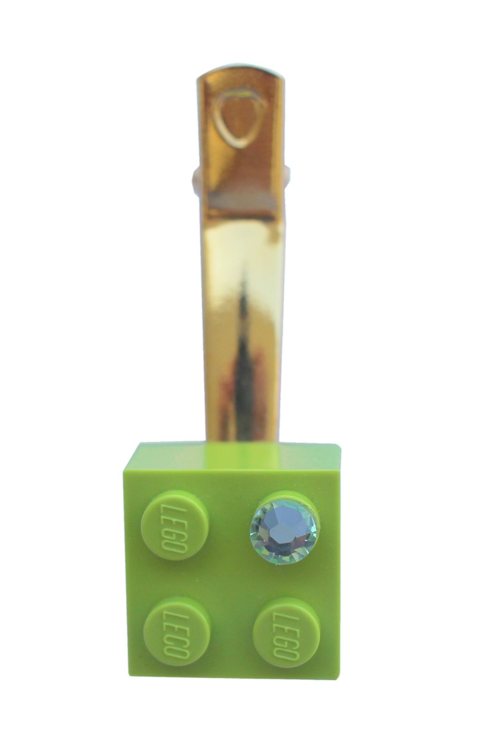 ​Light Green LEGO® brick 2x2 with a Green SWAROVSKI® crystal on a Gold plated hair clip (one piece)