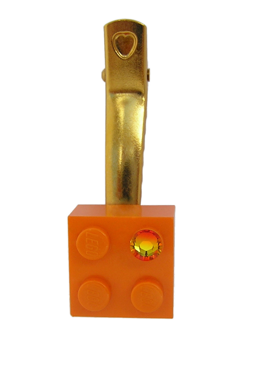 ​Orange LEGO® brick 2x2 with an Orange SWAROVSKI® crystal on a Gold plated hair clip (one piece)