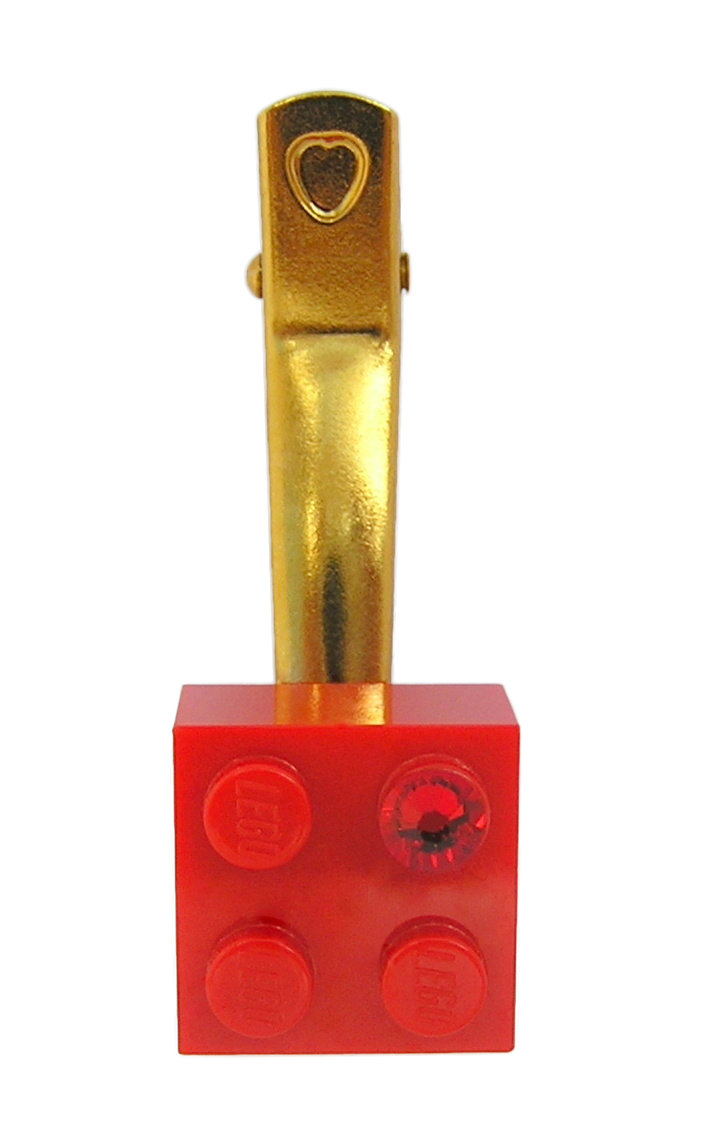 ​Red LEGO® brick 2x2 with a Red SWAROVSKI® crystal on a Gold plated hair clip (one piece)