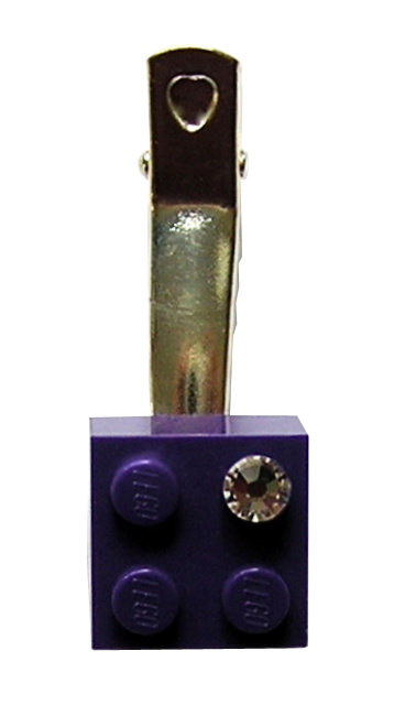 ​Purple LEGO® brick 2x2 with a ‘Diamond’ color SWAROVSKI® crystal on a Silver plated hair clip (one piece)