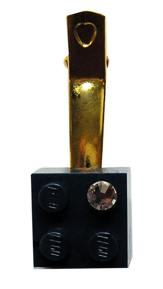 ​Navy Blue LEGO® brick 2x2 with a ‘Diamond’ color SWAROVSKI® crystal on a Gold plated hair clip (one piece)