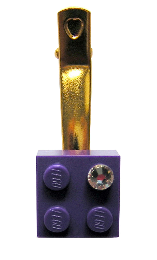 ​Purple LEGO® brick 2x2 with a ‘Diamond’ color SWAROVSKI® crystal on a Gold plated hair clip (one piece)