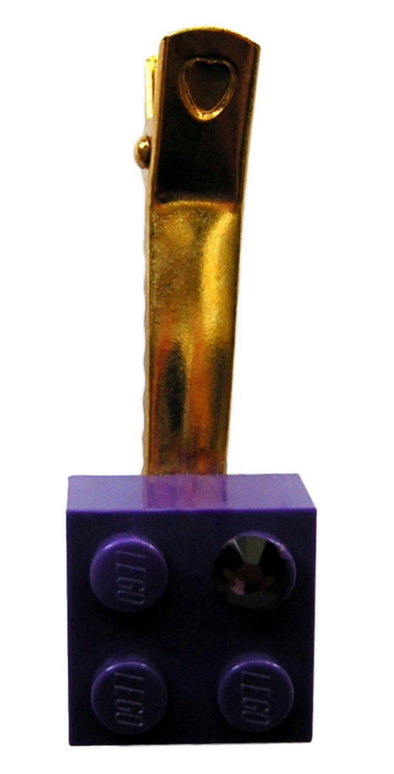 ​Purple LEGO® brick 2x2 with a Purple SWAROVSKI® crystal on a Gold plated hair clip (one piece)