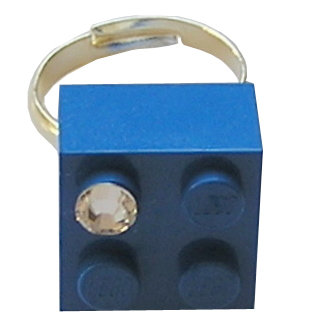 ​Dark Blue LEGO® brick 2x2 with a ‘Diamond’ color SWAROVSKI® crystal on a Silver plated adjustable ring finding ​