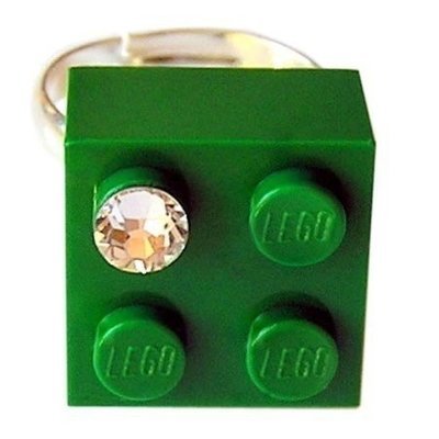 ​Dark Green LEGO® brick 2x2 with a ‘Diamond’ color SWAROVSKI® crystal on a Silver plated adjustable ring finding​