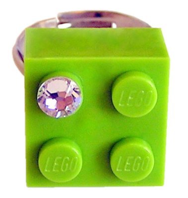 Light Green LEGO® brick 2x2 with a ‘Diamond’ color SWAROVSKI® crystal on a Silver plated adjustable ring ​finding