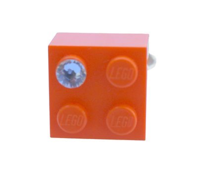 ​Orange LEGO® brick 2x2 with a ‘Diamond’ color SWAROVSKI® crystal on a Silver plated adjustable ring finding ​
