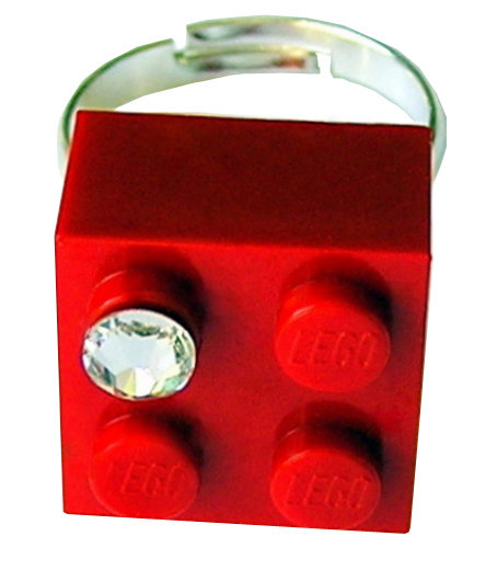 ​Red LEGO® brick 2x2 with a ‘Diamond’ color SWAROVSKI® crystal on a Silver plated adjustable ring finding ​