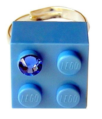 ​Light Blue LEGO® brick 2x2 with a Blue SWAROVSKI® crystal on a Silver plated adjustable ring ​finding