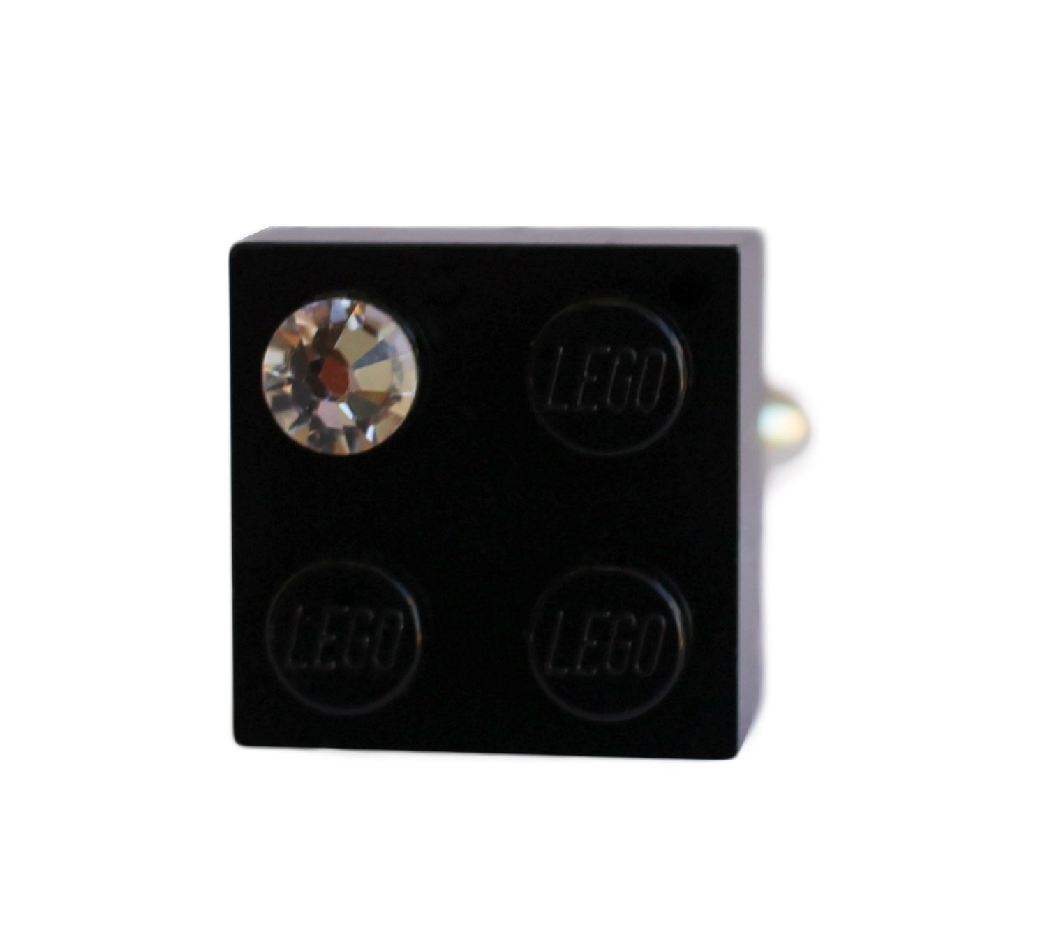 ​Black LEGO® brick 2x2 with a ‘Diamond’ color SWAROVSKI® crystal on a Silver plated adjustable ring ​finding