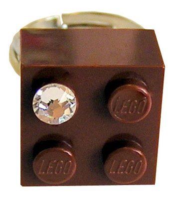 Brown LEGO® brick 2x2 with a ‘Diamond’ color SWAROVSKI® crystal on a Silver plated adjustable ring finding