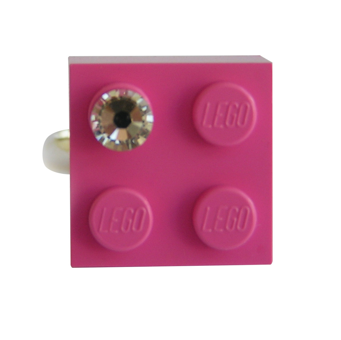 ​Dark Pink LEGO® brick 2x2 with a ‘Diamond’ color SWAROVSKI® crystal on a Silver plated adjustable ring finding​