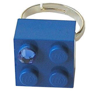 ​Dark Blue LEGO® brick 2x2 with a Blue SWAROVSKI® crystal on a Silver plated adjustable ring ​finding