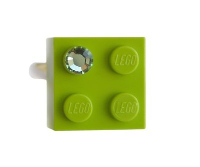 ​Light Green LEGO® brick 2x2 with a Green SWAROVSKI® crystal on a Silver plated adjustable ring finding ​