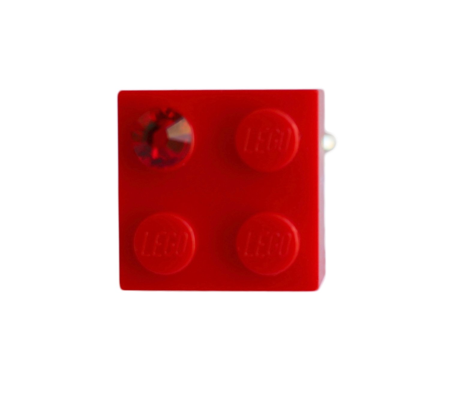 ​Red LEGO® brick 2x2 with a Red SWAROVSKI® crystal on a Silver plated adjustable ring ​finding