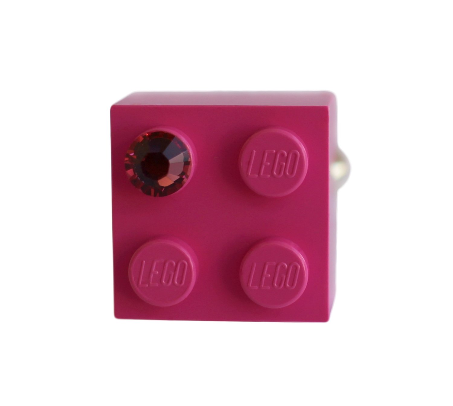 ​Dark Pink LEGO® brick 2x2 with a Pink SWAROVSKI® crystal on a Silver plated adjustable ring ​finding