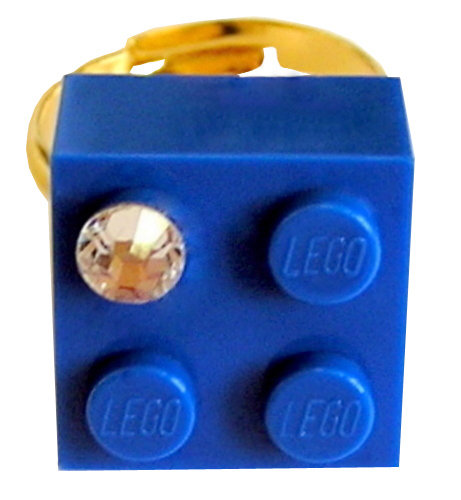 ​Dark Blue LEGO® brick 2x2 with a ‘Diamond’ color SWAROVSKI® crystal on a Gold plated adjustable ring finding
