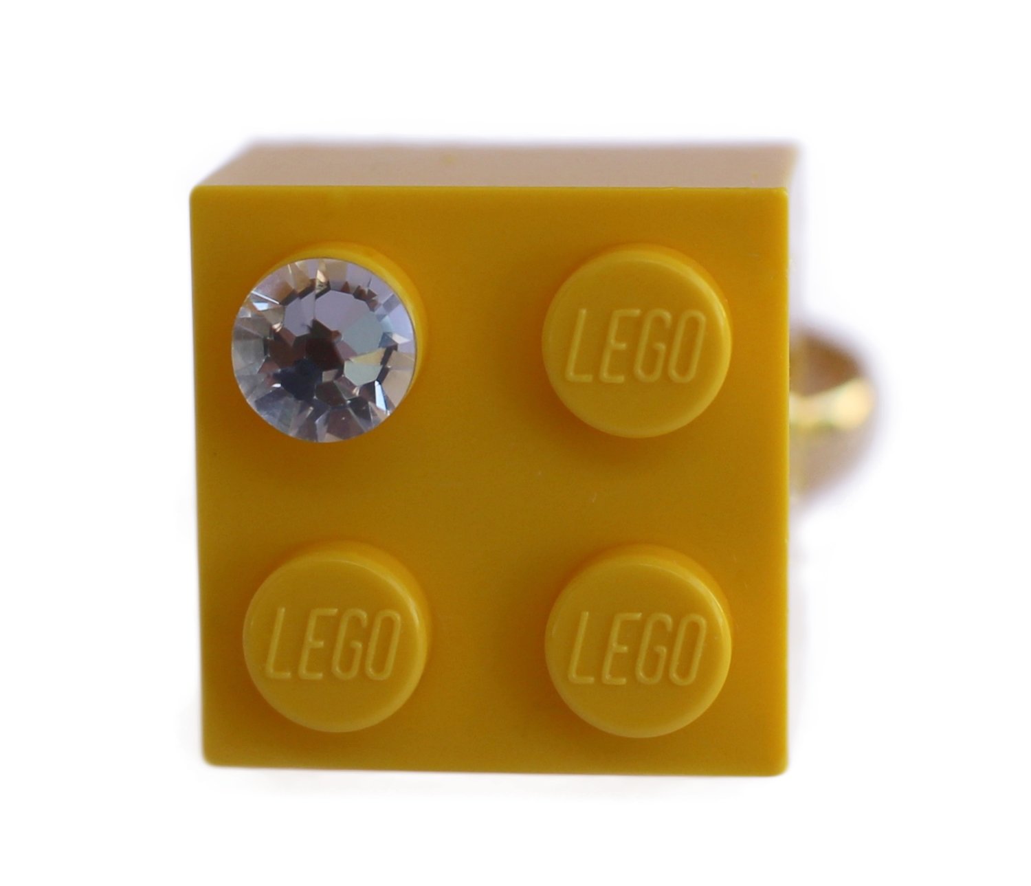 ​Yellow LEGO® brick 2x2 with a ‘Diamond’ color SWAROVSKI® crystal on a Gold plated adjustable ring finding