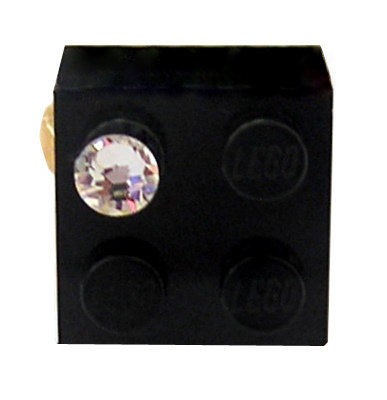 Black LEGO® brick 2x2 with a ‘Diamond’ color SWAROVSKI® crystal on a Gold plated adjustable ring finding​