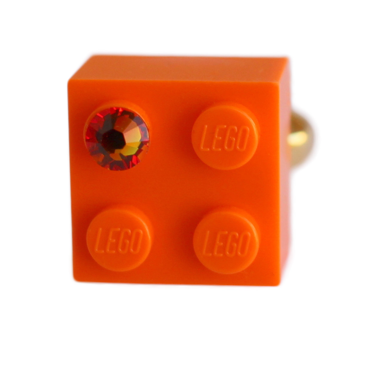 Orange LEGO® brick 2x2 with an Orange SWAROVSKI® crystal on a Gold plated adjustable ring finding