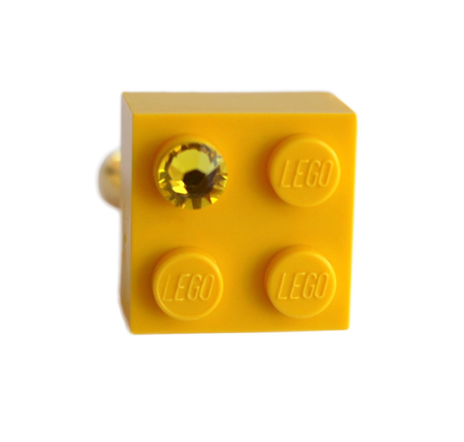 ​Yellow LEGO® brick 2x2 with a Yellow SWAROVSKI® crystal on a Gold plated adjustable ring finding