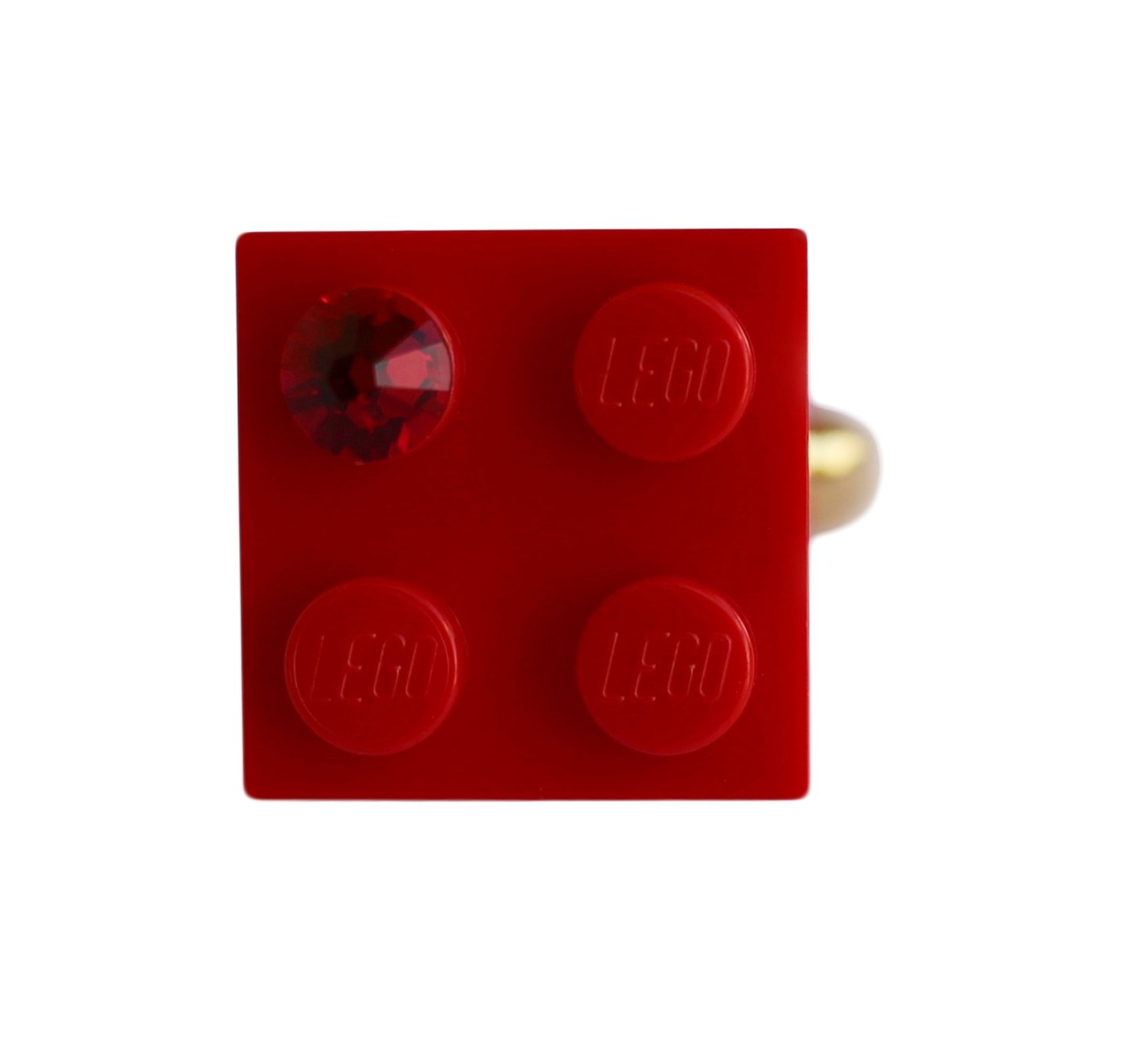 ​Red LEGO® brick 2x2 with a Red SWAROVSKI® crystal on a Gold plated adjustable ring finding