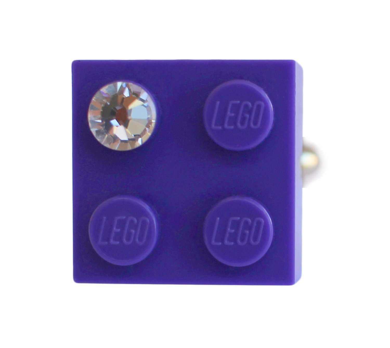 ​Purple LEGO® brick 2x2 with a ‘Diamond’ color SWAROVSKI® crystal on a Silver plated adjustable ring finding