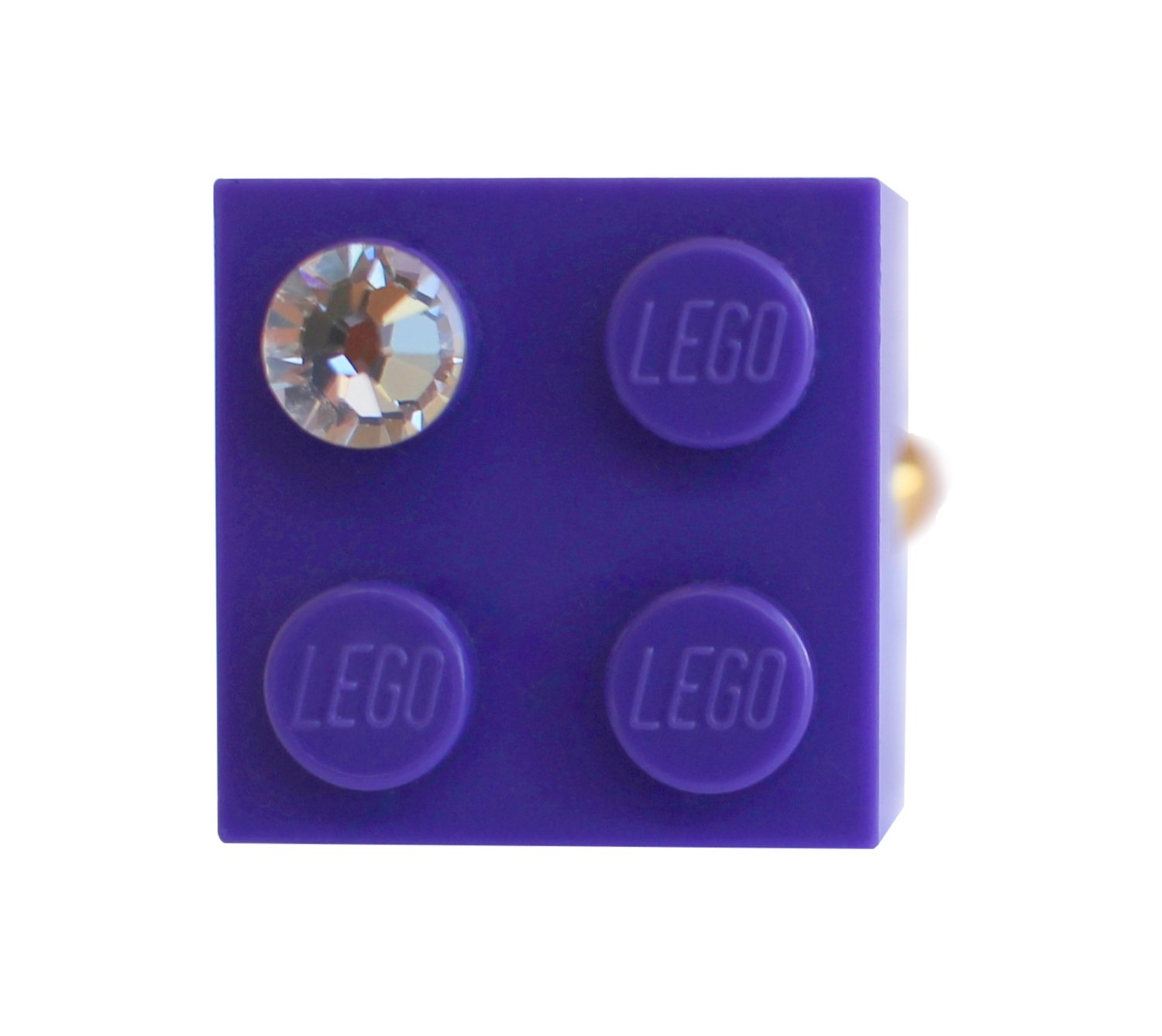 ​Purple LEGO® brick 2x2 with a ‘Diamond’ color SWAROVSKI® crystal on a Gold plated adjustable ring finding