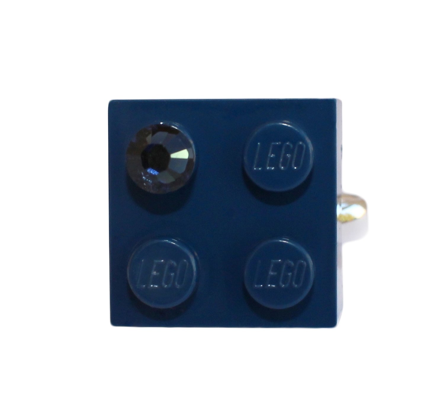 ​Navy Blue LEGO® brick 2x2 with a Blue SWAROVSKI® crystal on a Silver plated adjustable ring ​finding