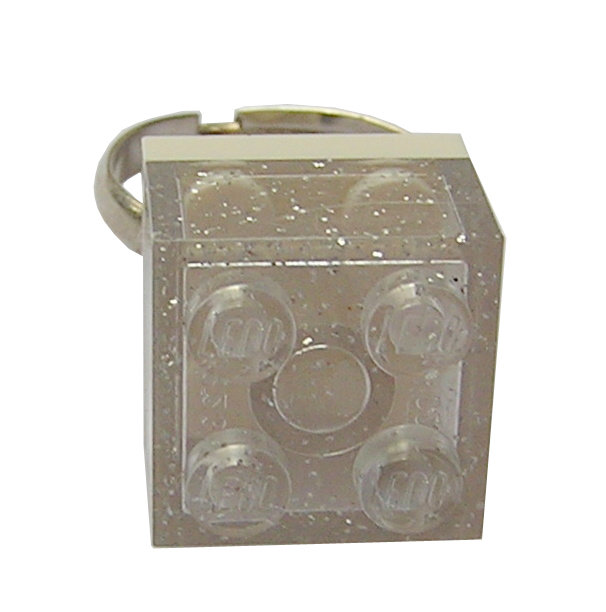 Glitter Transparent Clear LEGO® brick 2x2 on a Silver plated adjustable ring finding