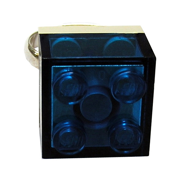 Transparent Blue LEGO® brick 2x2 on a Silver plated adjustable ring finding