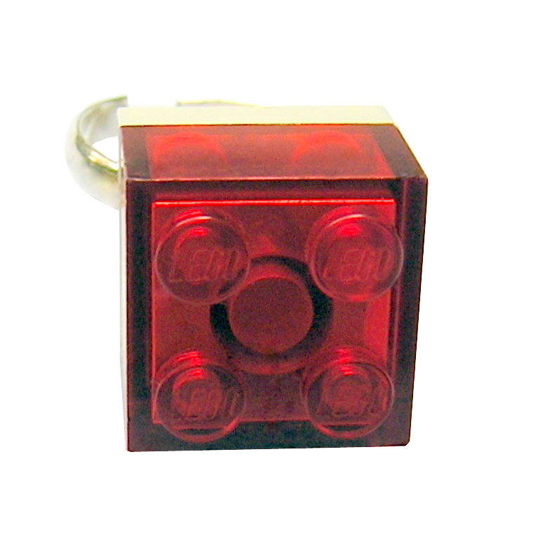 Transparent Red LEGO® brick 2x2 on a Silver plated adjustable ring finding