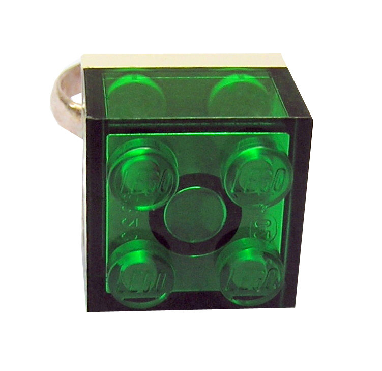 Transparent Green LEGO® brick 2x2 on a Silver plated adjustable ring finding