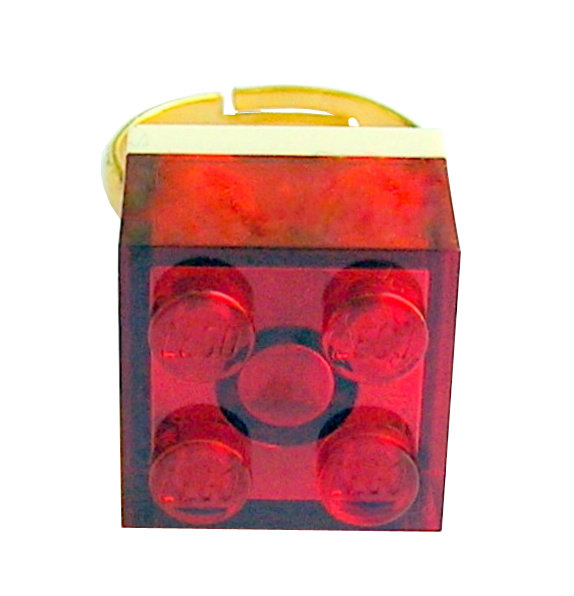 ​Transparent Red LEGO® brick 2x2 on a Gold plated adjustable ring finding