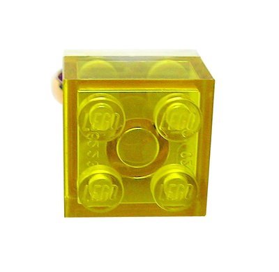 Transparent Yellow LEGO® brick 2x2 on a Gold plated adjustable ring finding
