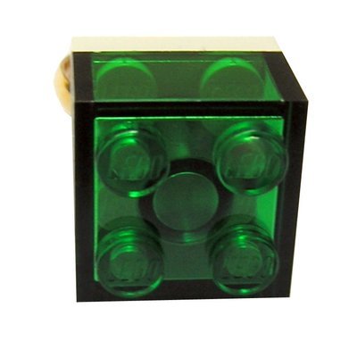 Transparent Green LEGO​®​ brick 2x2 on a Gold plated adjustable ring finding
