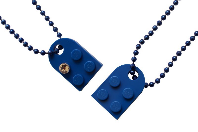 Dark Blue 2 piece customizable LEGO® heart made from 2 LEGO® plates with a 'Diamond' color SWAROVSKI® crystal on 2 Blue ballchains