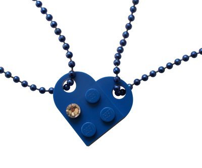 Dark Blue 2 piece customizable LEGO® heart made from 2 LEGO® plates with a 'Diamond' color SWAROVSKI® crystal on 2 Blue ballchains