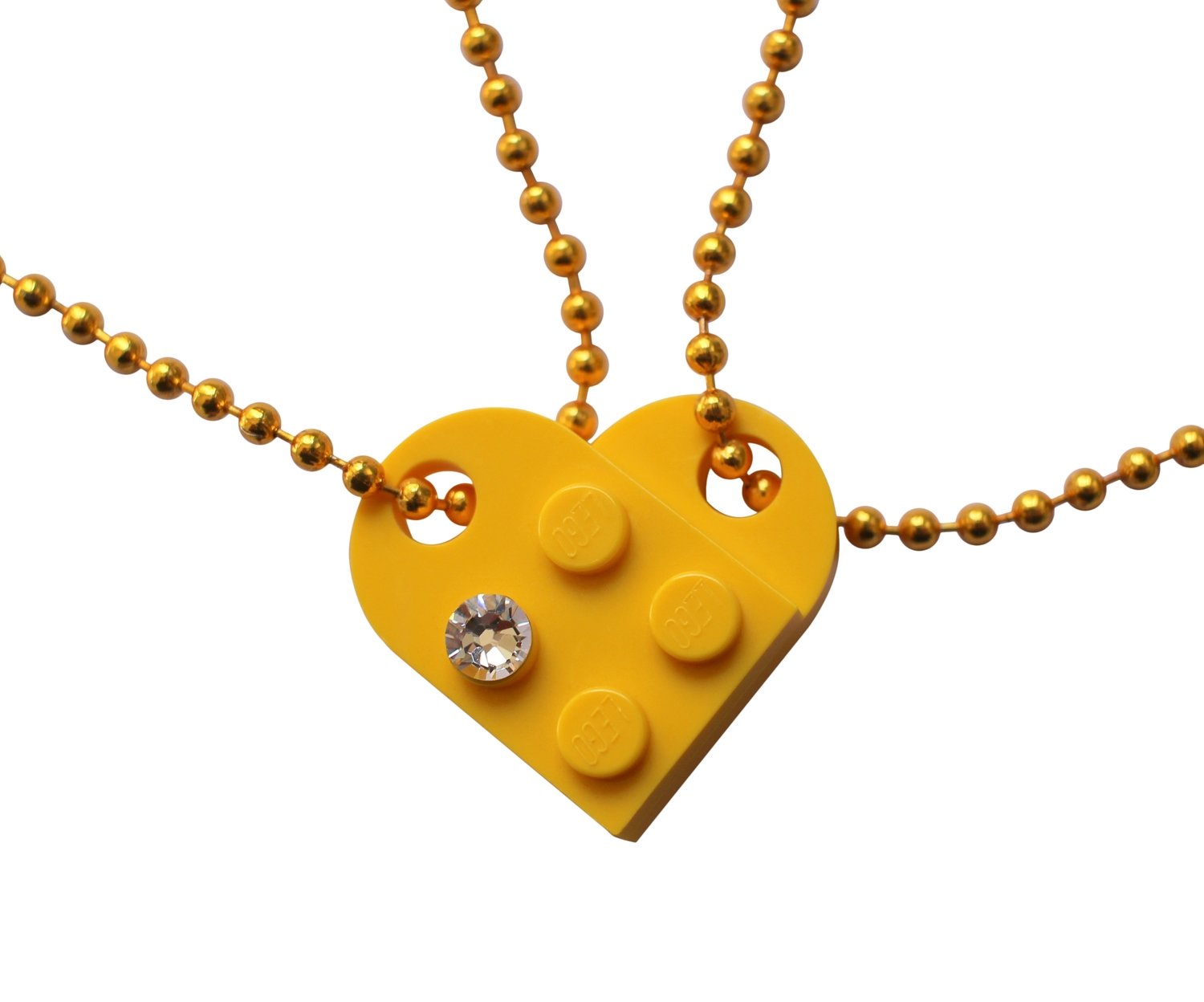 Yellow 2 piece customizable LEGO® heart made from 2 LEGO® plates with a 'Diamond' color SWAROVSKI® crystal on 2 Yellow ballchains