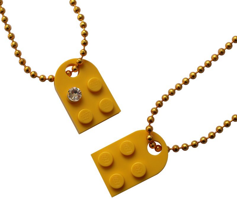 Yellow 2 piece customizable LEGO® heart made from 2 LEGO® plates with a 'Diamond' color SWAROVSKI® crystal on 2 Yellow ballchains