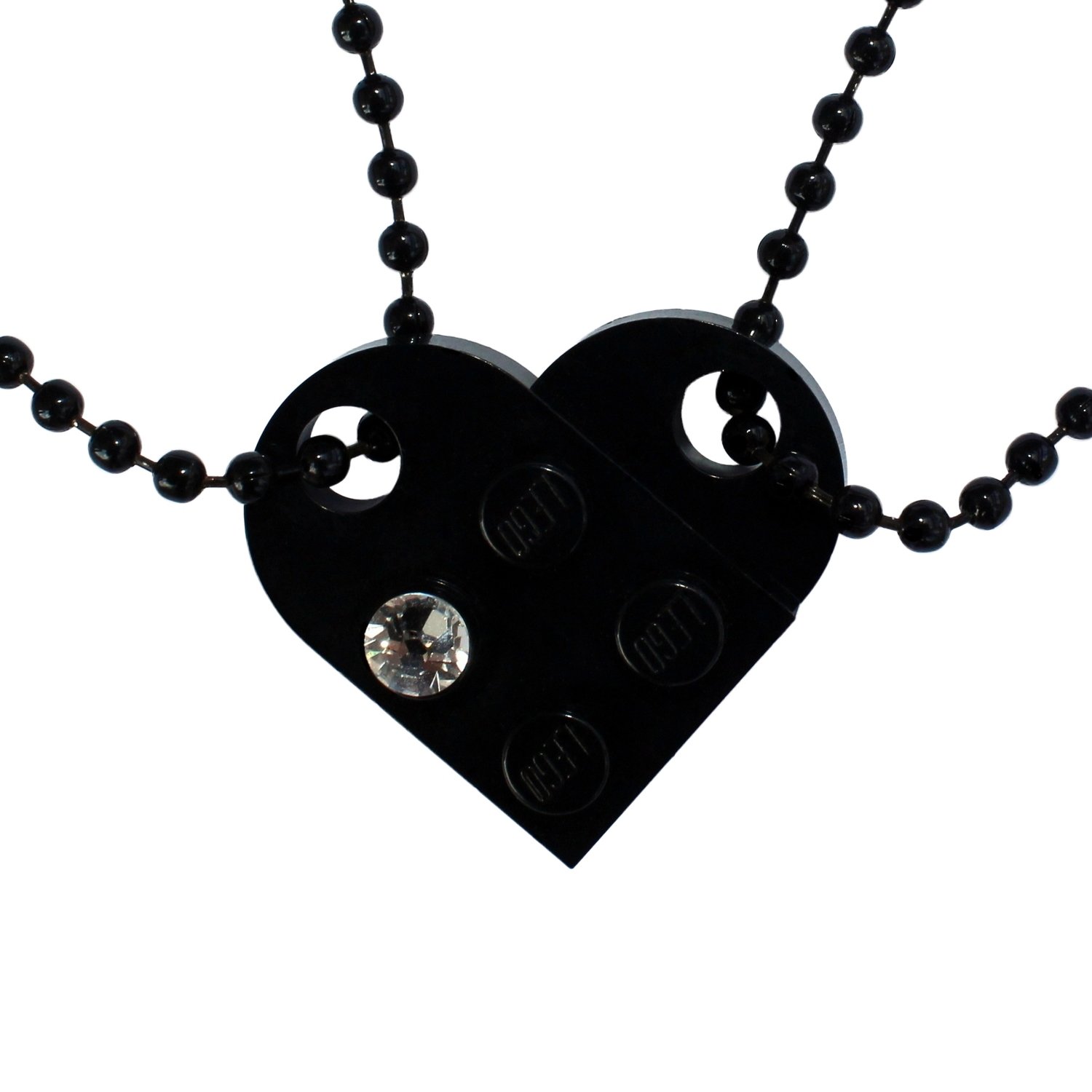 Black 2 piece customizable LEGO® heart made from 2 LEGO® plates with a 'Diamond' color SWAROVSKI® crystal on 2 Black ballchains