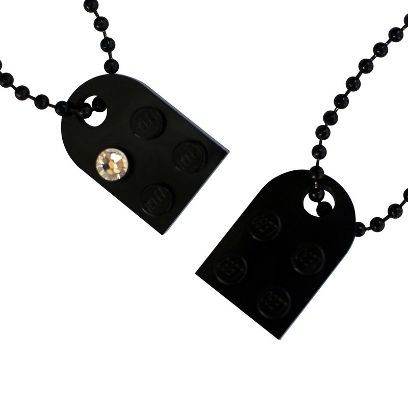 Black 2 piece customizable LEGO® heart made from 2 LEGO® plates with a 'Diamond' color SWAROVSKI® crystal on 2 Black ballchains