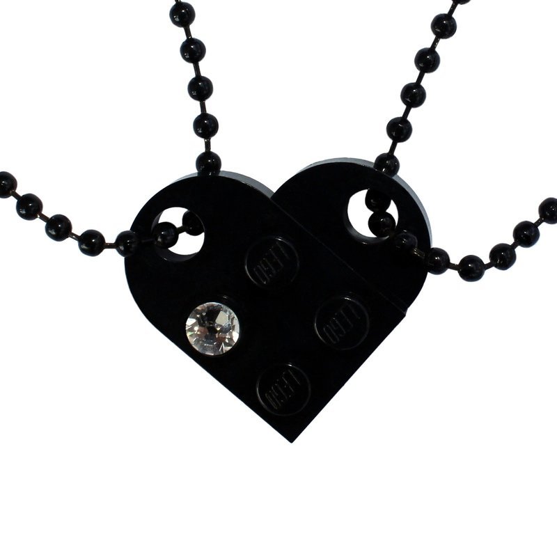Black 2 piece customizable LEGO® heart made from 2 LEGO® plates with a &#39;Diamond&#39; color SWAROVSKI® crystal on 2 Black ballchains