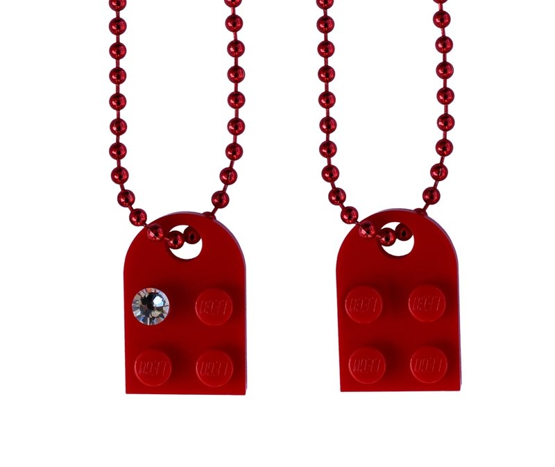 Red 2 piece customizable LEGO® heart made from 2 LEGO® plates with a 'Diamond' color SWAROVSKI® crystal on 2 Red ballchains