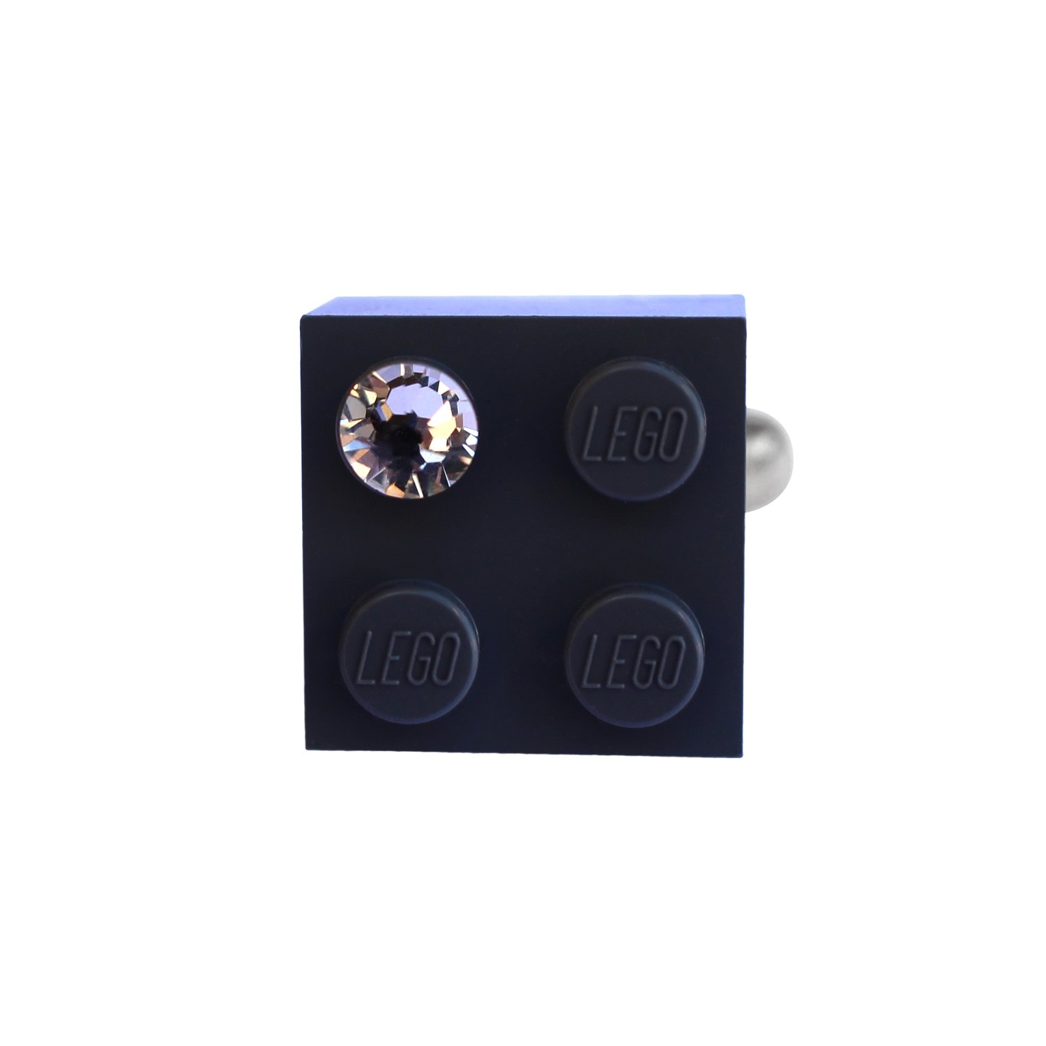 ​Gray LEGO® brick 2x2 with a ‘Diamond’ color SWAROVSKI® crystal on a Silver plated adjustable ring finding