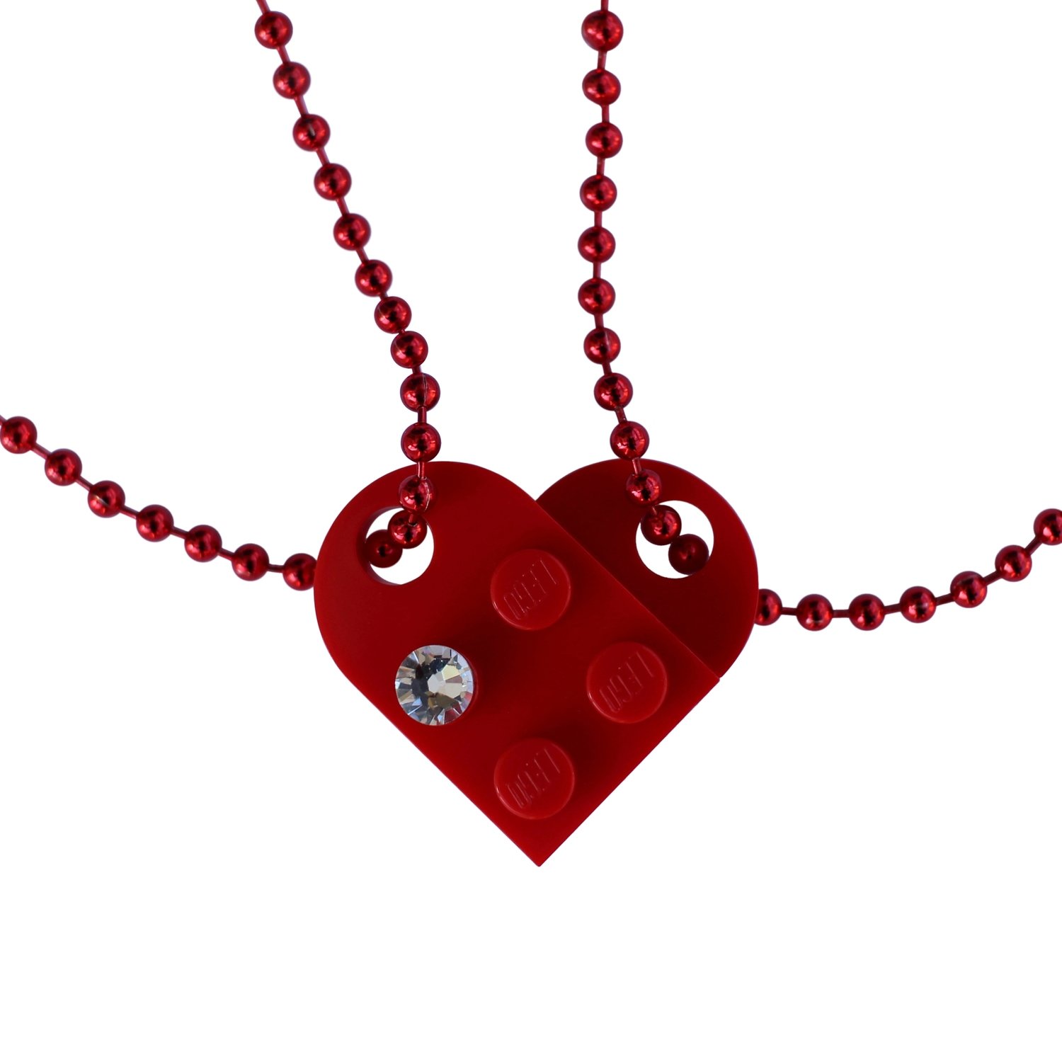 Red 2 piece customizable LEGO® heart made from 2 LEGO® plates with a 'Diamond' color SWAROVSKI® crystal on 2 Red ballchains