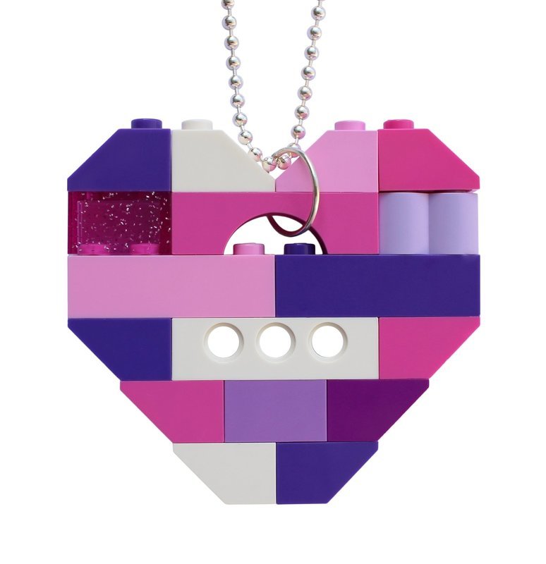 ​Collectible heart pendant (Single thickness) Model 12 - made from LEGO® bricks on a 24&quot; Silver plated ballchain - KAWAII PINK &amp; PURPLE