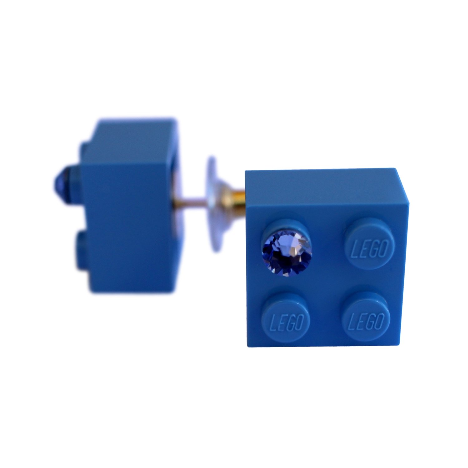 ​Light Blue LEGO® brick 2x2 with a Blue SWAROVSKI® crystal on a Gold plated stud/silicone back stopper